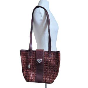 VTG BRIGHTON Y2K Woven‎ Brown Leather Shoulder Tote Bag Purse Boho Silver Heart